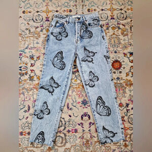 PacSun Light Wash Blue Straight Leg Jeans with Black Butterfly Print